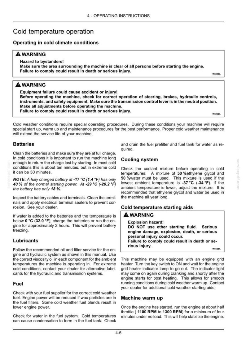 May include: A page from an operating manual detailing cold temperature operation for a machine. It includes warnings about hazards, instructions for batteries, lubricants, fuel, and starting aids, with text and diagrams.