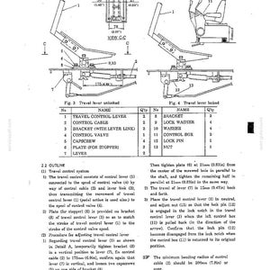 May include: A technical diagram showing a travel control system with two states: Fig. 3 Travel lever unlocked and Fig. 4 Travel lever locked. It includes a parts list numbered 1 through 13, detailed line drawings of the lever mechanism, and text instructions.
