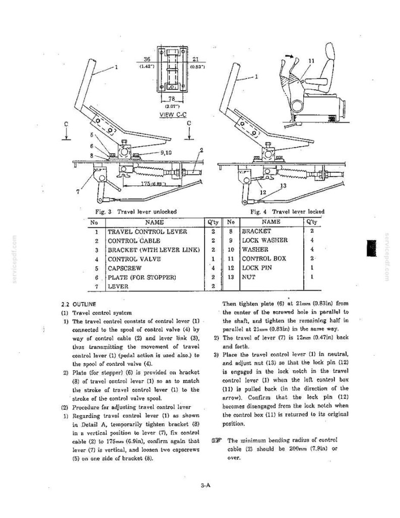 May include: A technical diagram showing a travel control system with two states: Fig. 3 Travel lever unlocked and Fig. 4 Travel lever locked. It includes a parts list numbered 1 through 13, detailed line drawings of the lever mechanism, and text instructions.