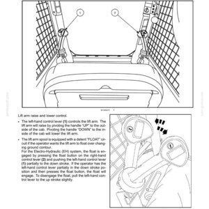 May include: Diagram of a control panel with lift arm and bucket controls. The image includes labeled levers and a detailed explanation of their functions, including lift arm raise/lower control and float operation.