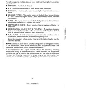 May include: A technical document page titled OPERATING THE TRACTOR AT LOW TEMPERATURES (WINTER OPERATION). It lists instructions for batteries, fuel, engine oil, cooling system, tires, engine stopping, fuel tank condensation, and fuel filter maintenance.
