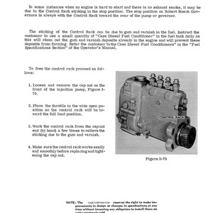 May include: A grayscale image of a control rack on an injection pump, with the text "Control Rack on Injection Pump" at the top. The image includes a diagram labeled "Figure I-70" and instructions for freeing the control rack.