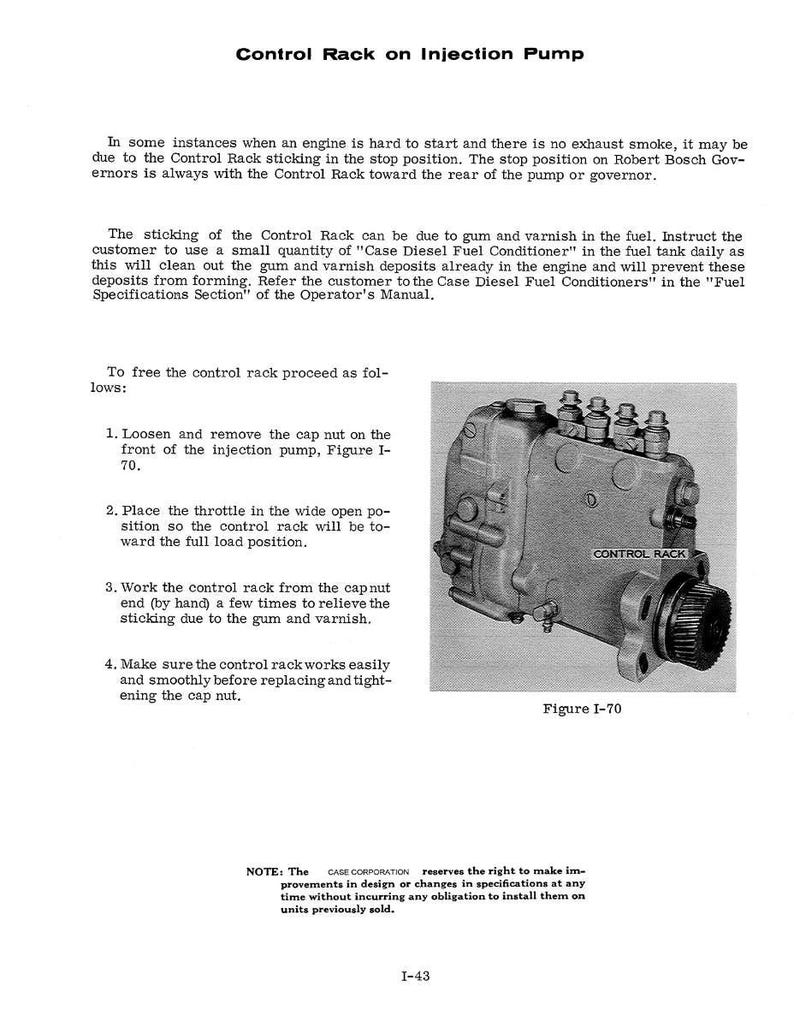 May include: A grayscale image of a control rack on an injection pump, with the text "Control Rack on Injection Pump" at the top. The image includes a diagram labeled "Figure I-70" and instructions for freeing the control rack.