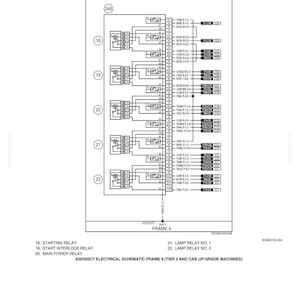 May include: A detailed electrical schematic titled "POWER DISTRIBUTION" with a diagram of relays and circuits. The diagram includes labels for "STARTING RELAY", "START INTERLOCK RELAY", and "MAIN POWER RELAY". The document is labeled "420/420CT ELECTRICAL SCHEMATIC FRAME 4".