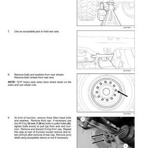 May include: Diagram of a rear axle system with instructions. Includes steps for jacking up a tire, removing bolts, and removing the front cap. Text includes measurements in inches.