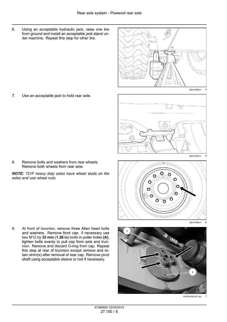 May include: Diagram of a rear axle system with instructions. Includes steps for jacking up a tire, removing bolts, and removing the front cap. Text includes measurements in inches.