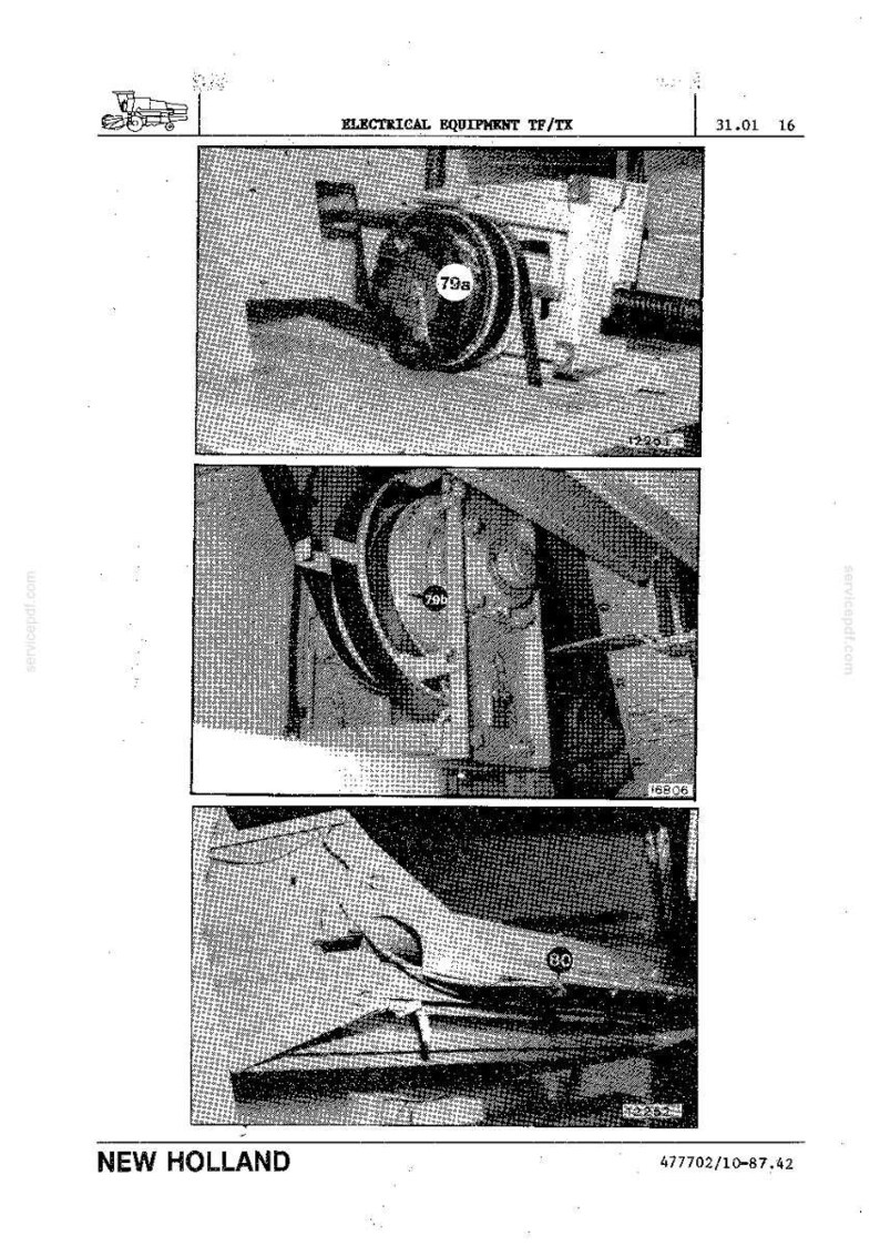 May include: A black and white diagram of electrical equipment, likely for a vehicle or machinery. The image is divided into three sections, each showing a different component with labels like "79a" and "80". The text "ELECTRICAL EQUIPMENT TF/TX" is visible.
