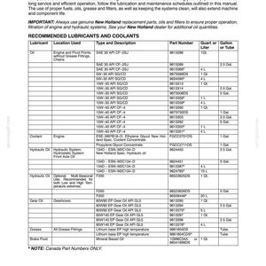 May include: A technical manual page titled SECTION 00 - GENERAL INFORMATION - CHAPTER 1 LUBRICATION. It contains a table listing recommended lubricants and coolants for New Holland equipment, including oil, coolant, hydraulic oil, gear oil, and brake fluid.
