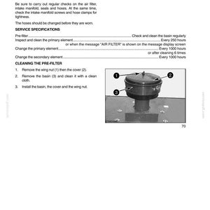 May include: An air filter diagram with numbered components: wing nut (1), cover (2), and basin (3). The text provides instructions for inspection and cleaning, including service specifications and maintenance intervals. The image is from a service manual.