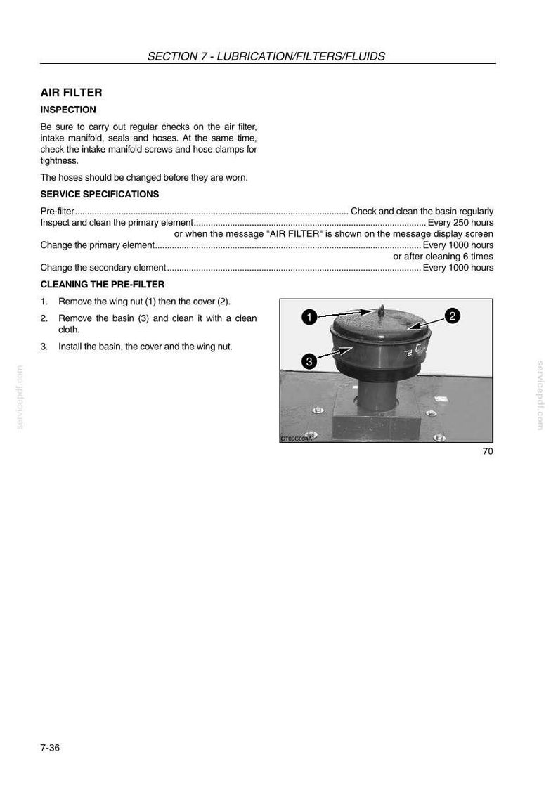 May include: An air filter diagram with numbered components: wing nut (1), cover (2), and basin (3). The text provides instructions for inspection and cleaning, including service specifications and maintenance intervals. The image is from a service manual.