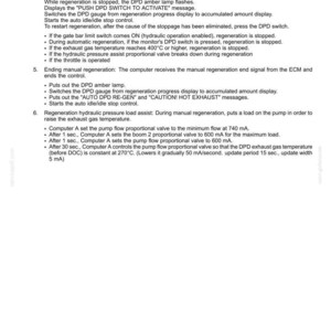 May include: A white document titled "Electrical and Engine Basic Functions" with detailed instructions. The text includes steps for auto idle/idle stop control, hydraulic pressure assist, and manual regeneration processes. The document is dated May 2011.