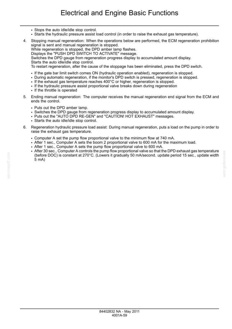 May include: A white document titled "Electrical and Engine Basic Functions" with detailed instructions. The text includes steps for auto idle/idle stop control, hydraulic pressure assist, and manual regeneration processes. The document is dated May 2011.
