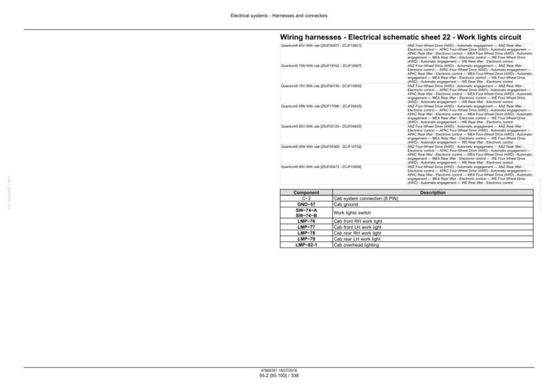 May include: A detailed electrical schematic sheet 22, titled "Work lights circuit," with wiring harness diagrams and a component description table. The sheet includes component descriptions like "Cab ground" and "Work lights switch."