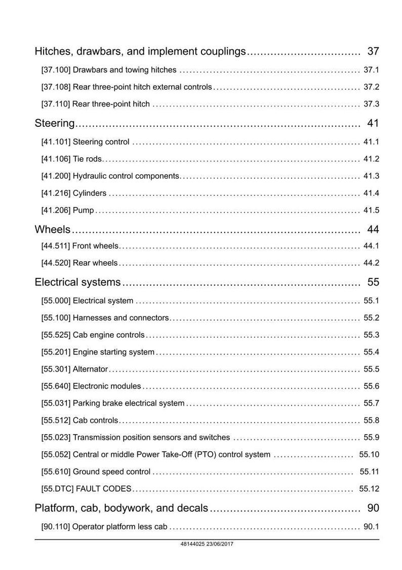 May include: A detailed table of contents from a manual, listing various components and systems. Categories include hitches, steering, wheels, electrical systems, and platform components. The document is dated June 23, 2017.