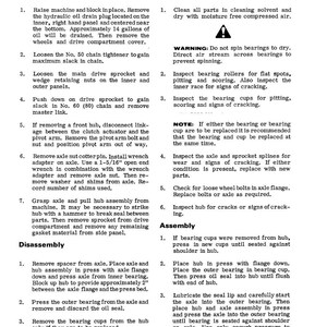 May include: A black and white technical diagram titled "AXLE AND HUB ASSEMBLY WITHOUT BRAKES" with instructions for removal, inspection, disassembly, and assembly. The text includes warnings and notes for automotive repair.