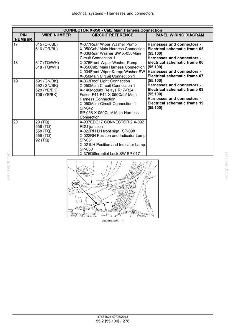 May include: A technical document page titled Electrical systems - Harnesses and connectors, featuring a table for Connector X-050 with columns for pin number, wire number, circuit reference, and panel wiring diagram, plus a line drawing of wiring.