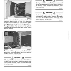 May include: A page from a manual detailing engine doors and machine features. Includes diagrams, warnings about moving parts, and instructions for opening and closing doors. Text includes safety precautions and component access information.