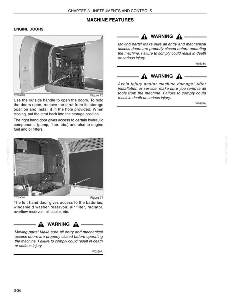 May include: A page from a manual detailing engine doors and machine features. Includes diagrams, warnings about moving parts, and instructions for opening and closing doors. Text includes safety precautions and component access information.