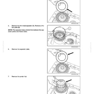 May include: Diagram of a rear PTO hydraulic system, illustrating the removal of components. The steps include removing the backing plate, thin metal separator, separator plate, and center hub. Arrows indicate the direction of removal.