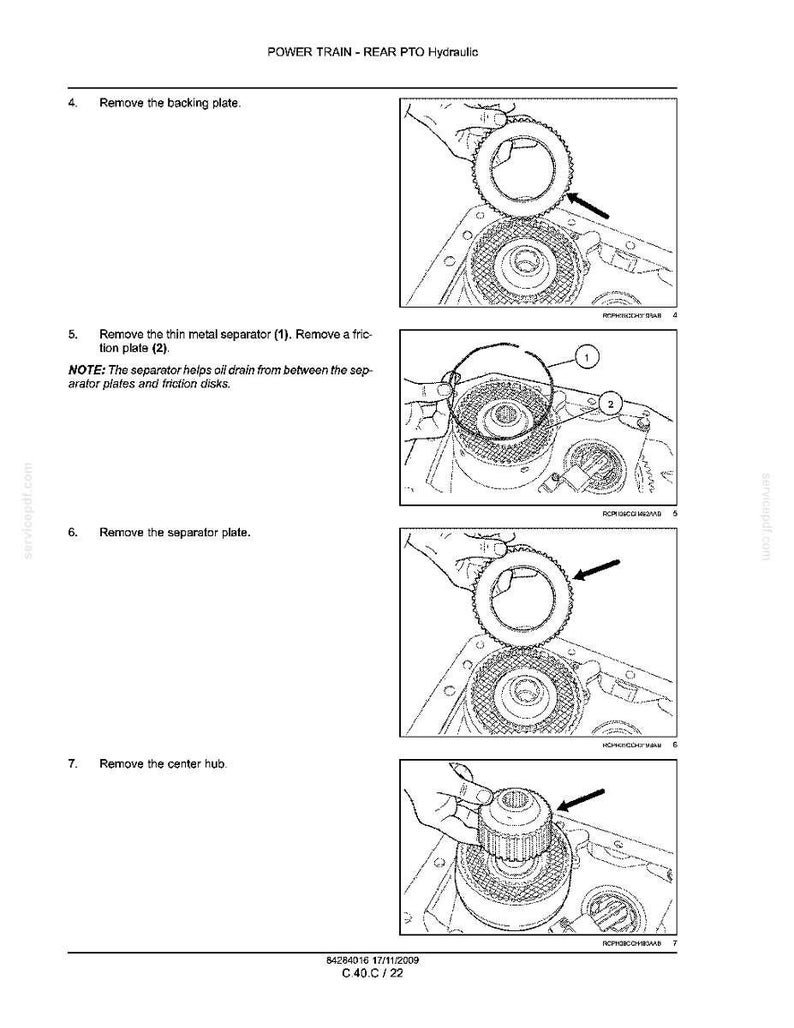 May include: Diagram of a rear PTO hydraulic system, illustrating the removal of components. The steps include removing the backing plate, thin metal separator, separator plate, and center hub. Arrows indicate the direction of removal.