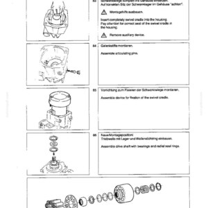 May include: A technical diagram with the text "Triebwerk einbauen" and "Installation of the rotary group". The diagram shows various mechanical components, including a swivel cradle, articulating pins, and a drive shaft with bearings. The image is in black and white.