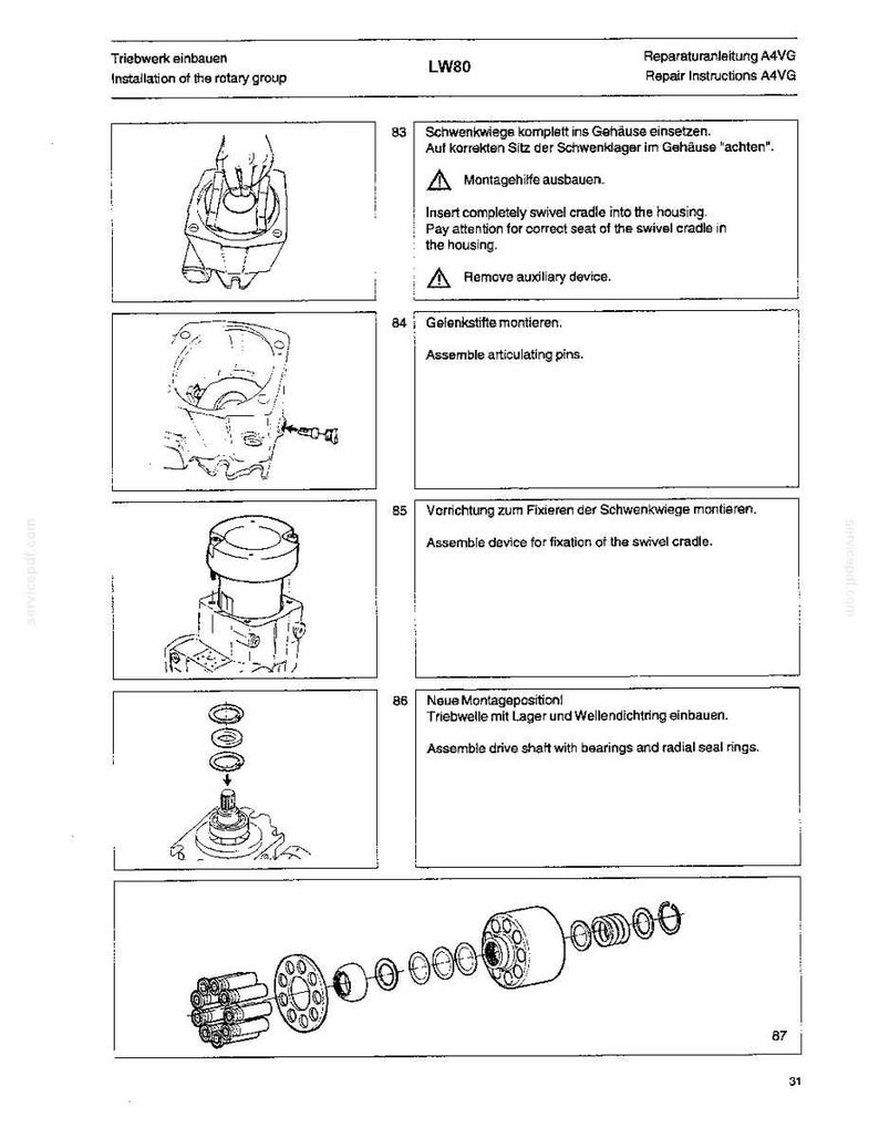 May include: A technical diagram with the text "Triebwerk einbauen" and "Installation of the rotary group". The diagram shows various mechanical components, including a swivel cradle, articulating pins, and a drive shaft with bearings. The image is in black and white.