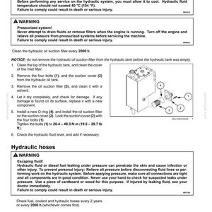May include: A technical maintenance document page titled Hydraulic oil suction filter. It includes safety warnings, a numbered six-step instruction list, and a black and white line drawing showing a hydraulic tank with numbered components 1 through 4.