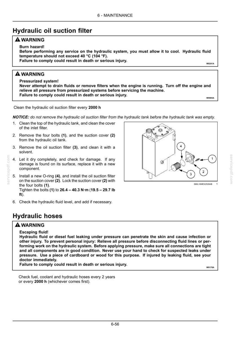 May include: A technical maintenance document page titled Hydraulic oil suction filter. It includes safety warnings, a numbered six-step instruction list, and a black and white line drawing showing a hydraulic tank with numbered components 1 through 4.