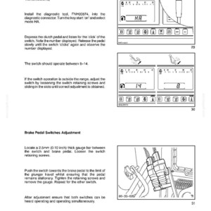 Op de afbeelding: Een pagina uit een technisch handboek getiteld SECTION 3 - ELECTRICAL SYSTEM, met instructies voor het afstellen van koppelings- en rempedaalschakelaars. Het bevat diagrammen van digitale displays met de getallen 8 en 14, en een technische tekening.