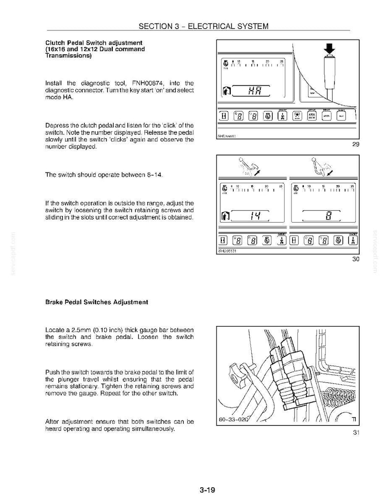 Op de afbeelding: Een pagina uit een technisch handboek getiteld SECTION 3 - ELECTRICAL SYSTEM, met instructies voor het afstellen van koppelings- en rempedaalschakelaars. Het bevat diagrammen van digitale displays met de getallen 8 en 14, en een technische tekening.