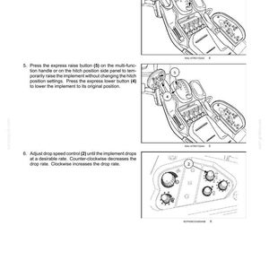 May include: A technical manual page titled 6 - WORKING OPERATIONS featuring black and white line drawings of tractor controls. Diagrams show a multi-function handle with numbered buttons 1, 4, and 5, and a control panel with a numbered dial 2.