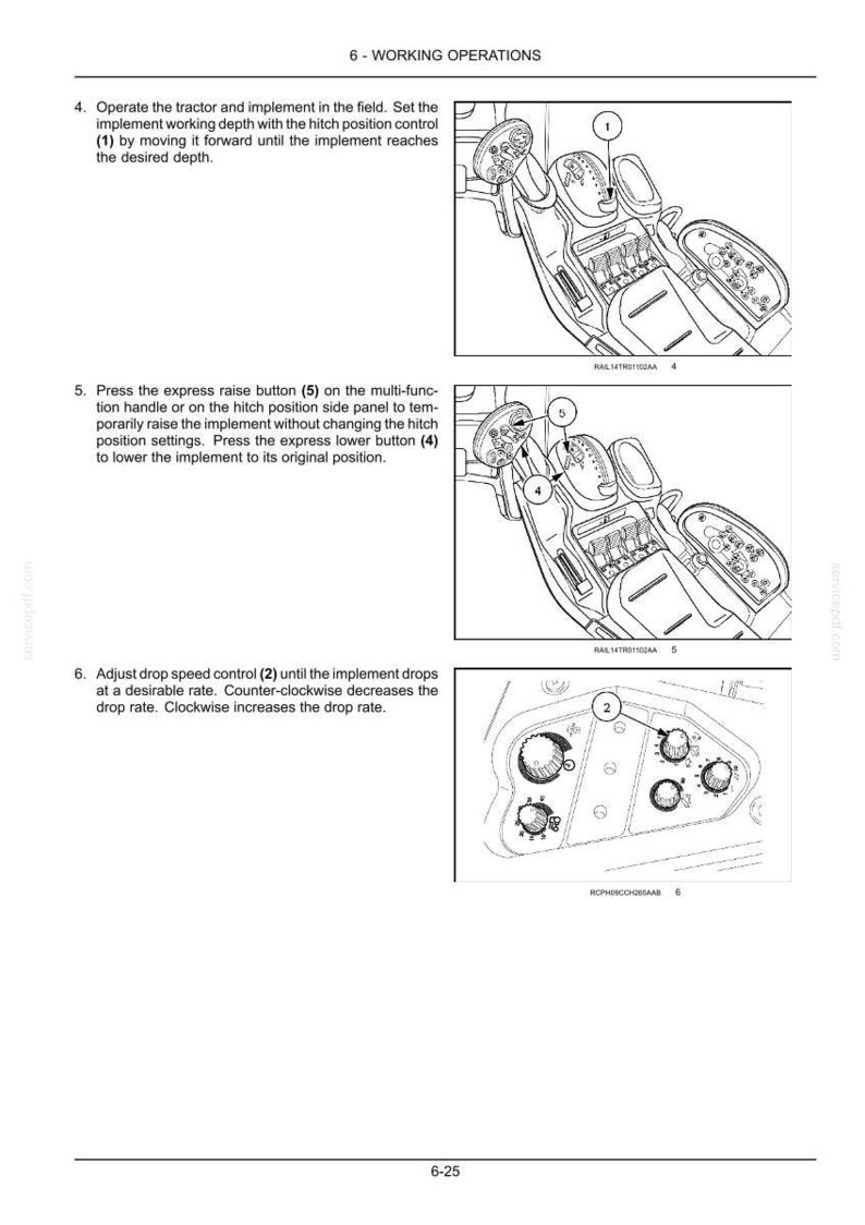 May include: A technical manual page titled 6 - WORKING OPERATIONS featuring black and white line drawings of tractor controls. Diagrams show a multi-function handle with numbered buttons 1, 4, and 5, and a control panel with a numbered dial 2.