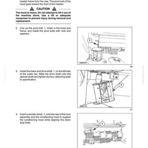 May include: A technical manual page titled SECTION 39 - FRAMES - CHAPTER 1, detailing conditioning hood installation. It includes numbered instructions, a caution warning about heavy hoods, and three black-and-white line drawings labeled 16, 17, and 18.