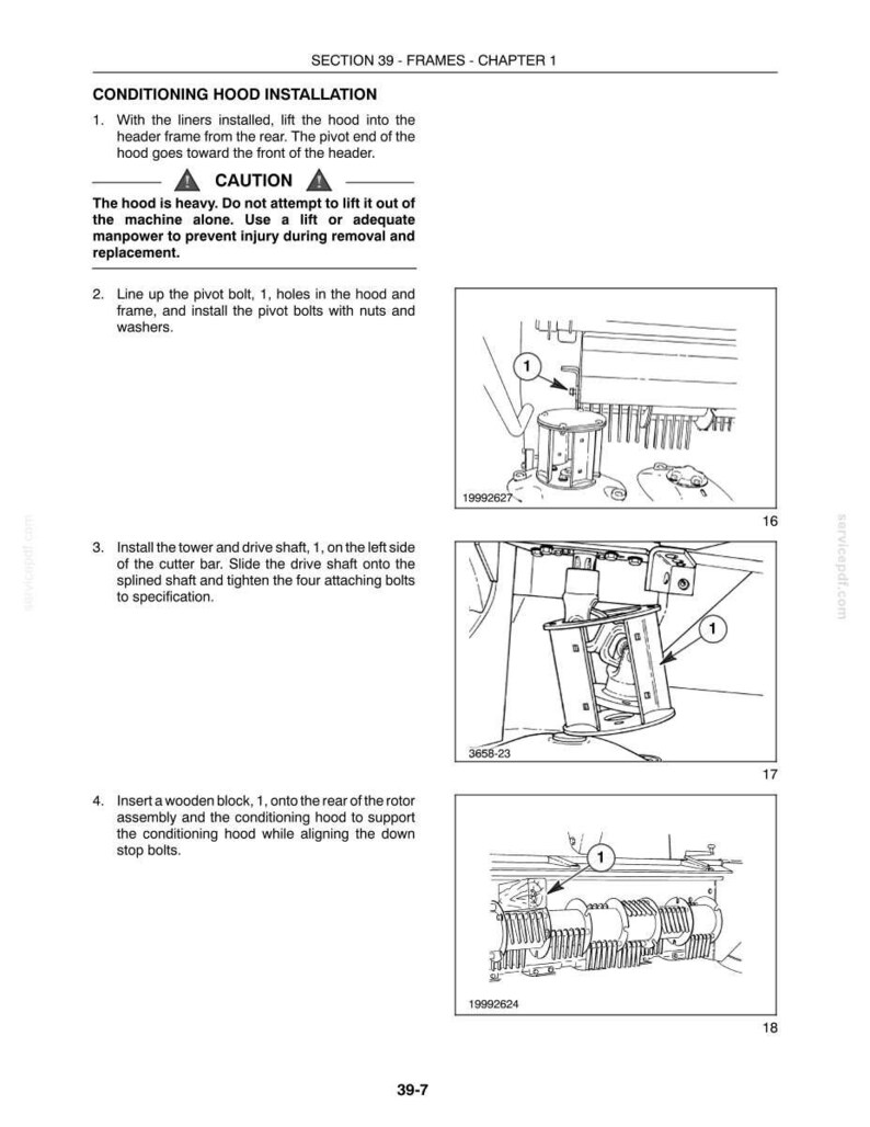 May include: A technical manual page titled SECTION 39 - FRAMES - CHAPTER 1, detailing conditioning hood installation. It includes numbered instructions, a caution warning about heavy hoods, and three black-and-white line drawings labeled 16, 17, and 18.