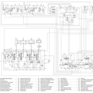 May include: A detailed hydraulic schematic diagram with numerous lines, symbols, and text labels. The diagram includes a legend defining various components and functions, such as hydraulic pressure, pump inlet, and track drive. The schematic is labeled "HYDRAULIC SCHEMATIC 1750M DOZER".