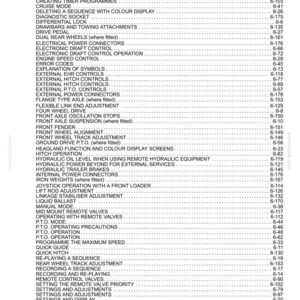 May include: A black and white printed table of contents page for a technical manual, featuring a comprehensive list of tractor operation topics and their corresponding page numbers, arranged in alphabetical order with dotted leader lines.