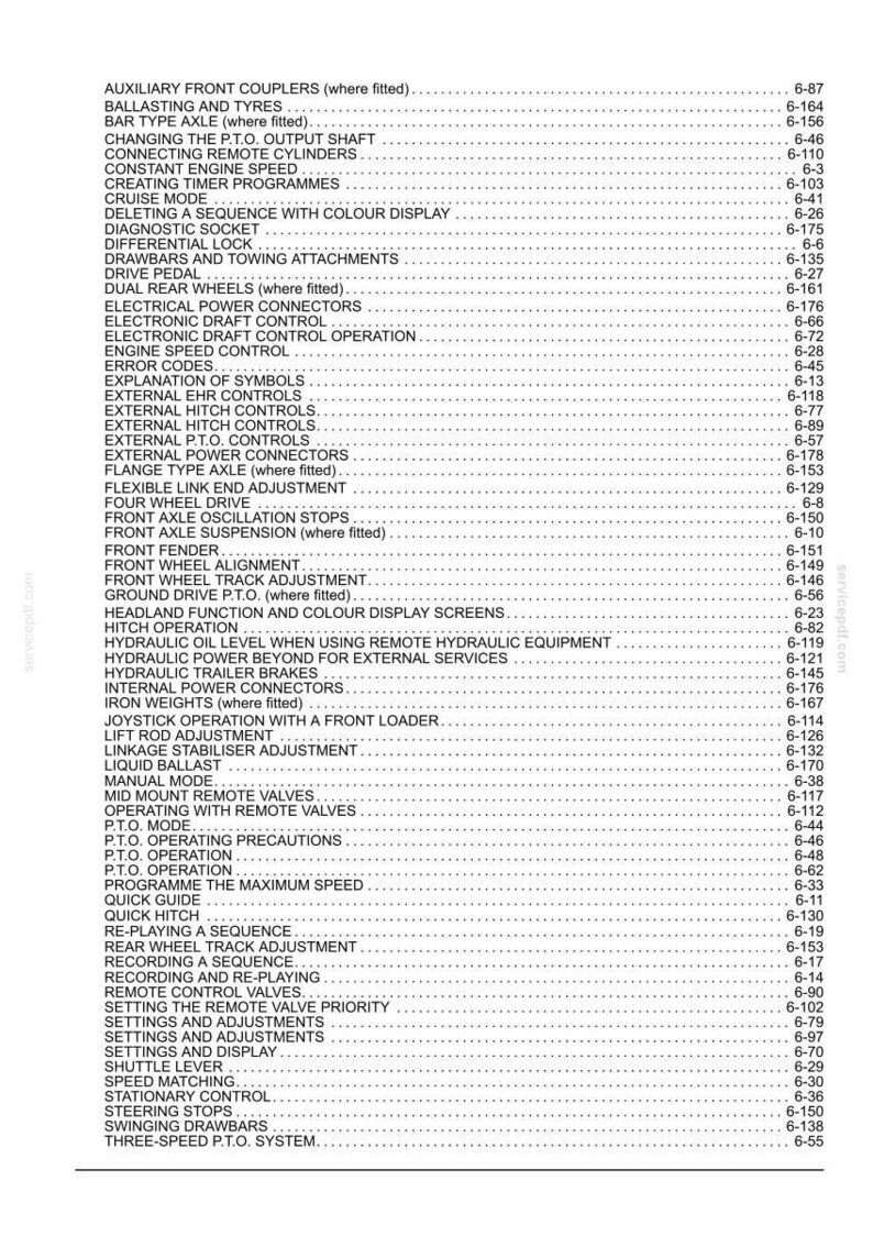 May include: A black and white printed table of contents page for a technical manual, featuring a comprehensive list of tractor operation topics and their corresponding page numbers, arranged in alphabetical order with dotted leader lines.