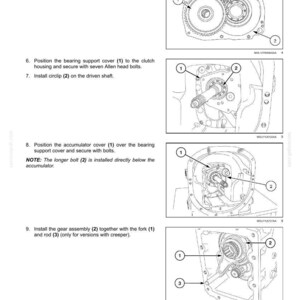 May include: Diagram of a power shuttle transmission with internal components. The image shows numbered parts, including gears, covers, bolts, and a fork, with labels for assembly instructions. The diagram is in black and white.