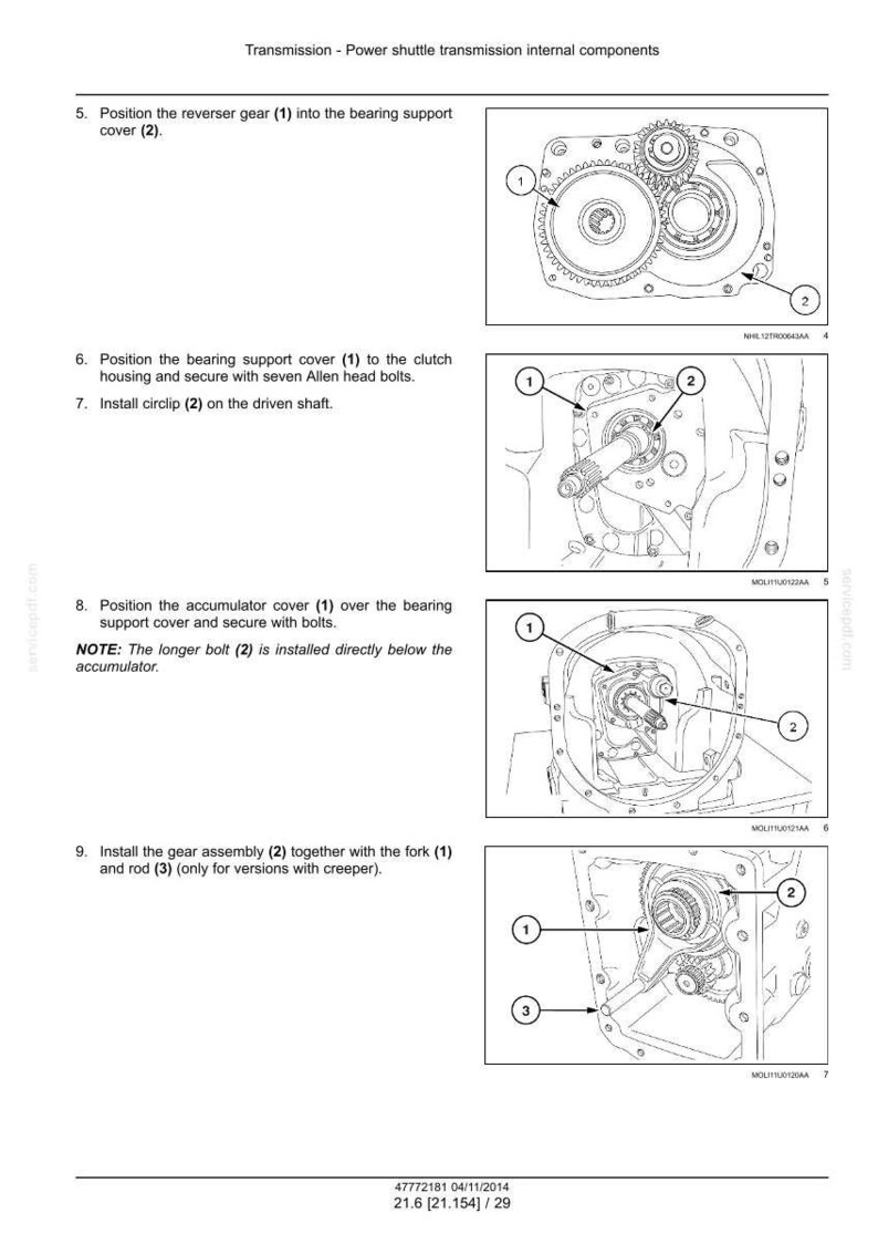May include: Diagram of a power shuttle transmission with internal components. The image shows numbered parts, including gears, covers, bolts, and a fork, with labels for assembly instructions. The diagram is in black and white.