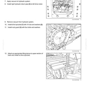 May include: Diagram of tracks and track suspension components, including a drive motor, electrical connectors, and hydraulic system elements. The image includes numbered parts and text instructions for assembly.