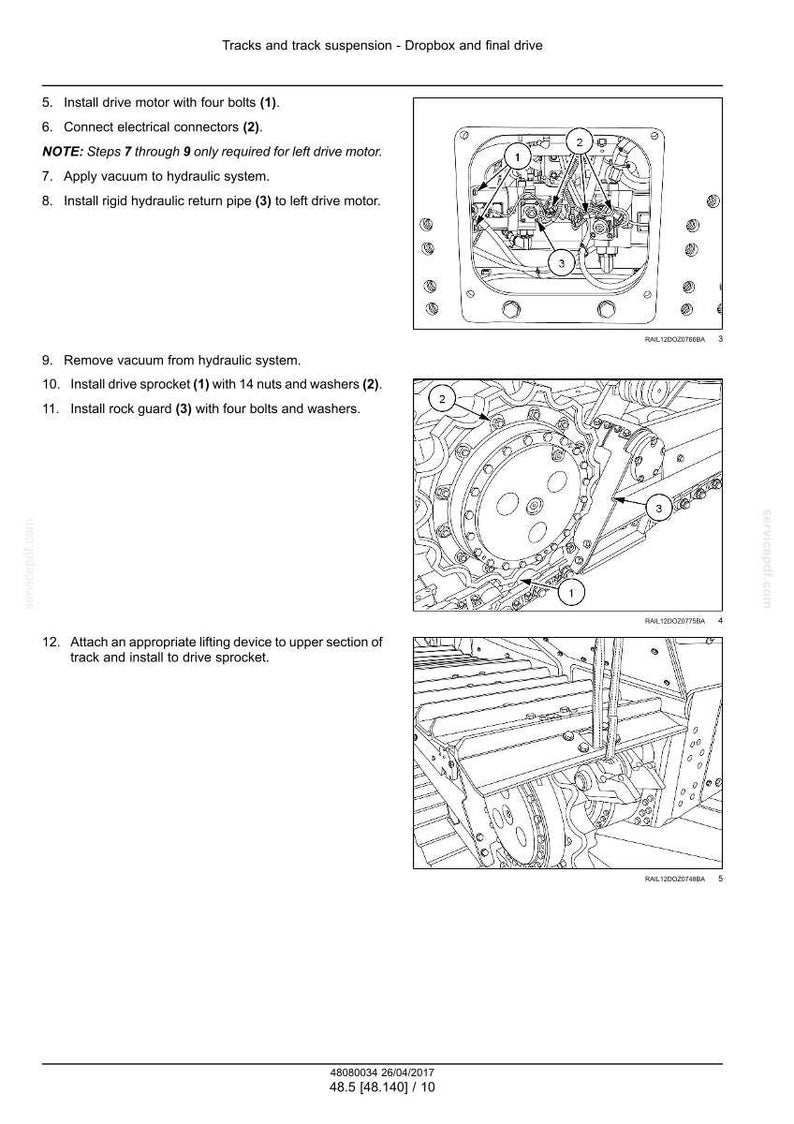May include: Diagram of tracks and track suspension components, including a drive motor, electrical connectors, and hydraulic system elements. The image includes numbered parts and text instructions for assembly.