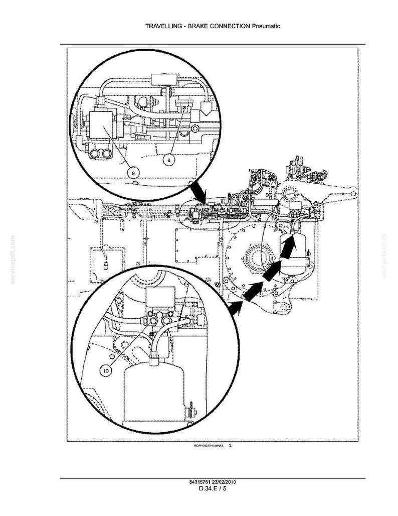 May include: Technical diagram of a pneumatic brake connection, featuring detailed mechanical components. The diagram includes two circular insets highlighting specific areas, with arrows indicating connections. Text at the top reads "TRAVELLING - BRAKE CONNECTION Pneumatic".