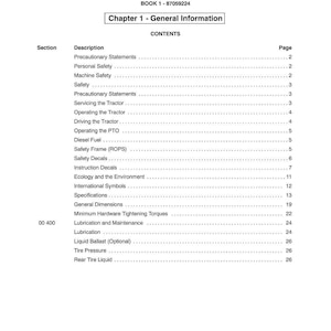 May include: A white page from a manual with the title "SECTION 00 - GENERAL INFORMATION" and "Chapter 1 - General Information." The contents include a list of topics such as "Safety," "Tire Pressure," and "Lubrication and Maintenance."