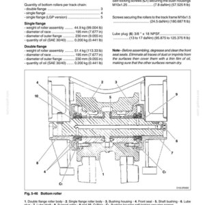 May include: Diagram of a bottom roller assembly with labels for its components, including double flange roller body, bushing housing, and lube plug. Measurements are in inches and pounds.