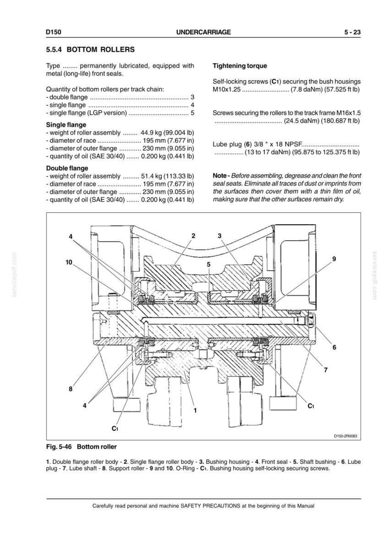 May include: Diagram of a bottom roller assembly with labels for its components, including double flange roller body, bushing housing, and lube plug. Measurements are in inches and pounds.