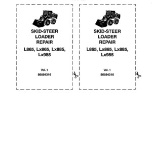 May include: A white document featuring two identical rectangular sections outlined with dashed lines. Each section displays a black and white illustration of a skid-steer loader, the text SKID-STEER LOADER REPAIR, model numbers L865, Lx865, Lx885, Lx985, Vol. 1, and 86584316.