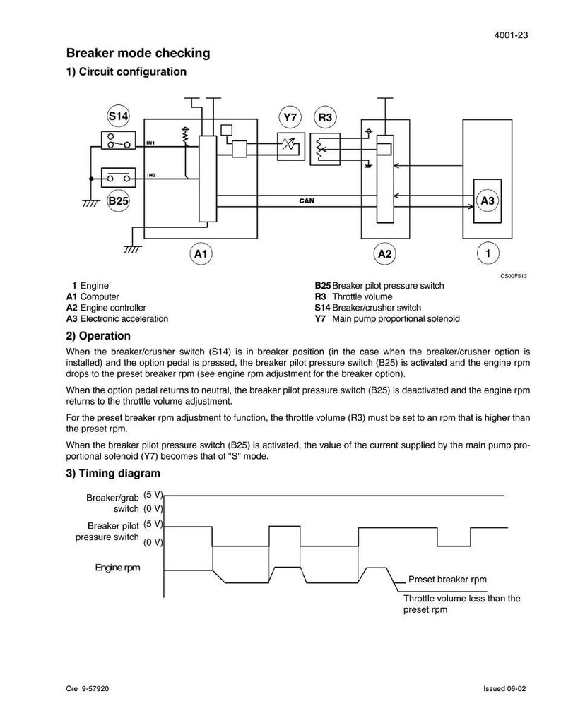 May include: Diagram of a breaker mode checking system, featuring circuit configuration and timing diagrams. The schematic includes components like the computer, engine controller, and various switches, with text labels for each element. The diagrams illustrate voltage changes over time.