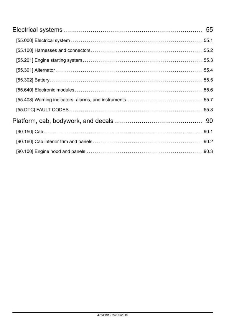 May include: A page from a manual with the title "Electrical systems" and "Platform, cab, bodywork, and decals." The page lists various components and their corresponding page numbers. The date at the bottom of the page is 24/02/2015.