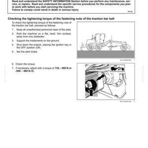 May include: Diagram from a maintenance manual showing steps to check the tightening torque of a traction bar ball. Includes a warning about improper service. The torque should be adjusted to 732-895 N-m (540-660 lb ft).