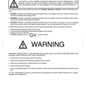 May include: A white document with black text and safety symbols. The document includes warnings about machine operation, emphasizing the importance of reading manuals and safety decals to prevent injury or death. The document is from CASE France.